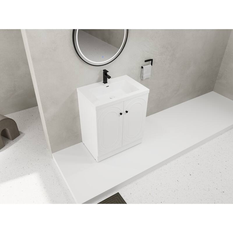 Modern 30" Bathroom Vanity with White Resin Sink, Soft-Close Doors & Customizable Metal Handles