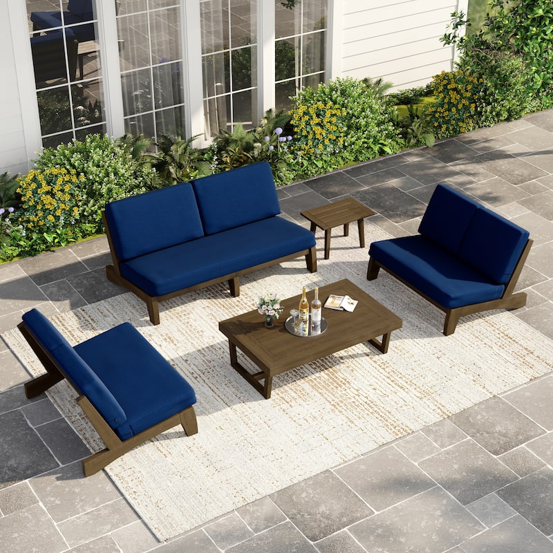 Casual Teak Outdoor Patio Conversation Set with Cushioned Sofa Loveaseat - Natural Wood - Navy-5 Piece