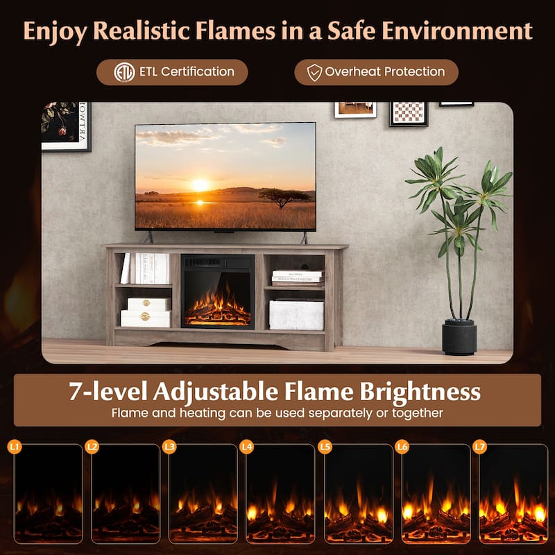 Gymax 58'' TV Stand w/ 18'' Electric Fireplace Heater 750W/1500W &
