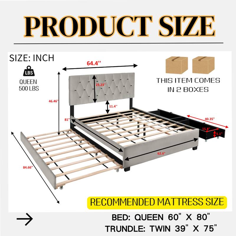 Queen Size Trundle Bed Upholstered Platform Bed Frame with Pull-Out Twin Trundle and Two Storage Drawers, No Box Spring Needed
