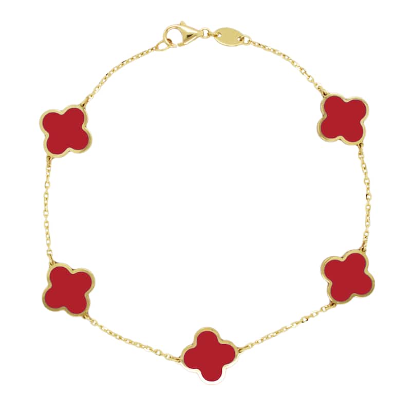 Italian Gold 14K Yellow Gold Clover Gemstone Bracelet - Made in Italy 10mm Clover Size - Coral