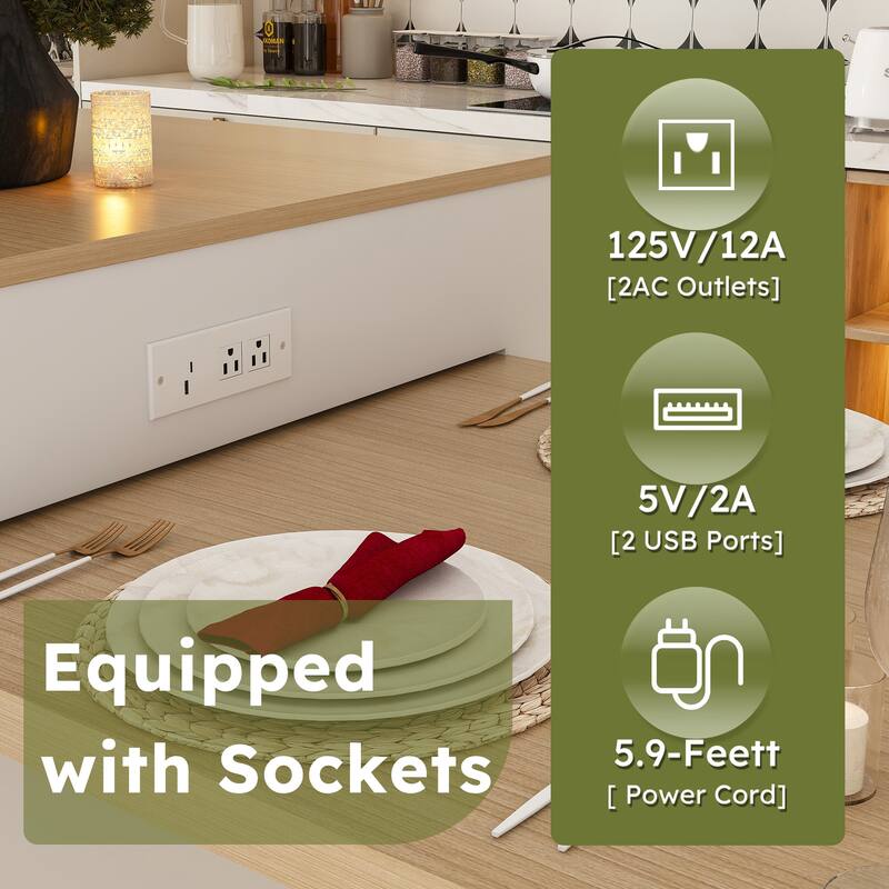 Expandable Kitchen Island with Dining Table, Wood Kitchen Table with Power Outlet, Mobile Storage Cart with 2 Drawers