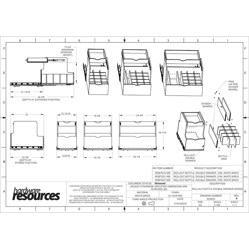 Hardware Resources ROBTD21 21" Wood Kitchen Cabinet Rollout Double