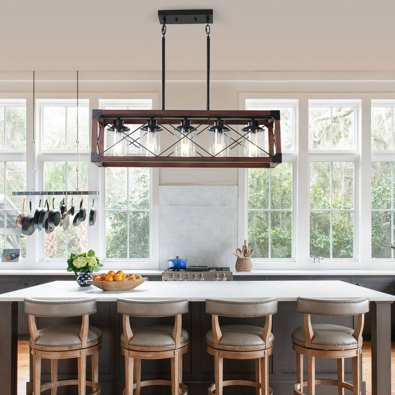 32-Inch Industrial Farmhouse Pendant Light in Red Wood - Five-Light Rectangular Chandelier with Fabric Lampshades(No Bulbs)