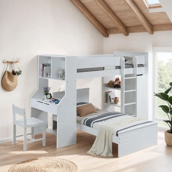 slide 2 of 5, White Twin Loft Bed with Desk and Wardrobe White