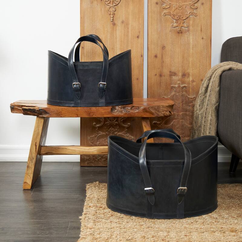 Leather Handmade Storage Basket with Handles - Set of 2 Dark Blue or Brown - Roche River Decor