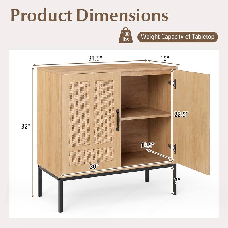 Natural Rattan Storage Cabinet with Adjustable Shelf Modern Boho Sideboard Accent Console Table with Metal Legs