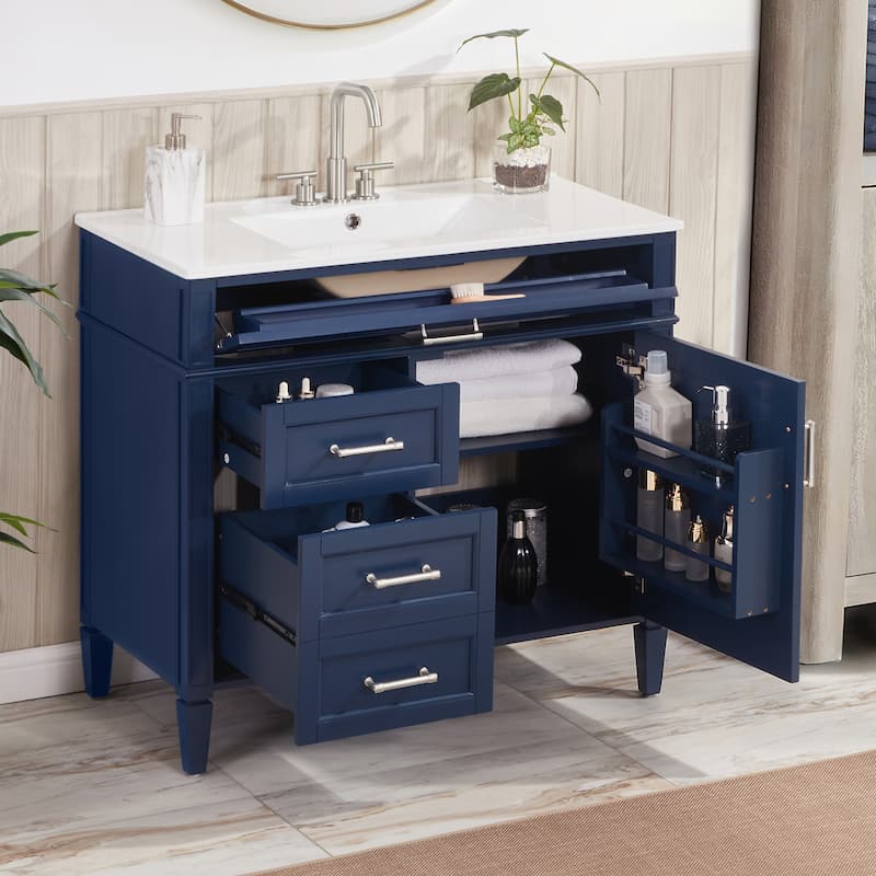 Modern 36" Freestanding Bathroom Vanity Cabinet Wood Frame with Ceramic Sink and Divided Drawers