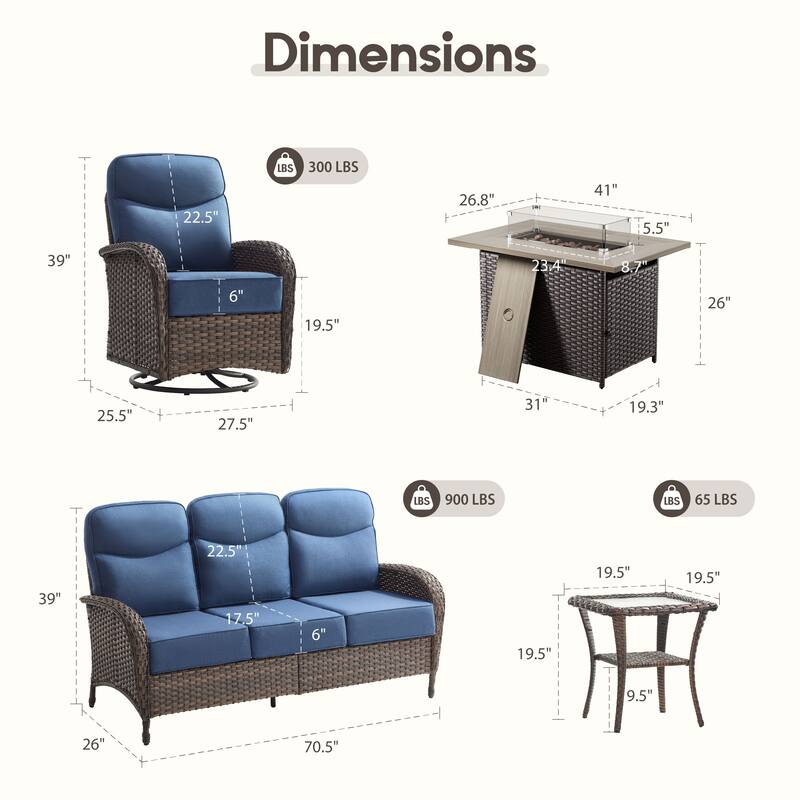 Luna 9-Piece Wicker Outdoor Patio Fire Pit Sofa Set with 6-Inch Thick Cushions