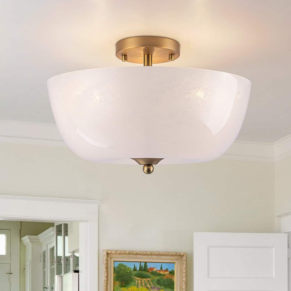 Mid-Century Modern 3-Light Round Opal Glass Semi Flush Mount 14.8in
