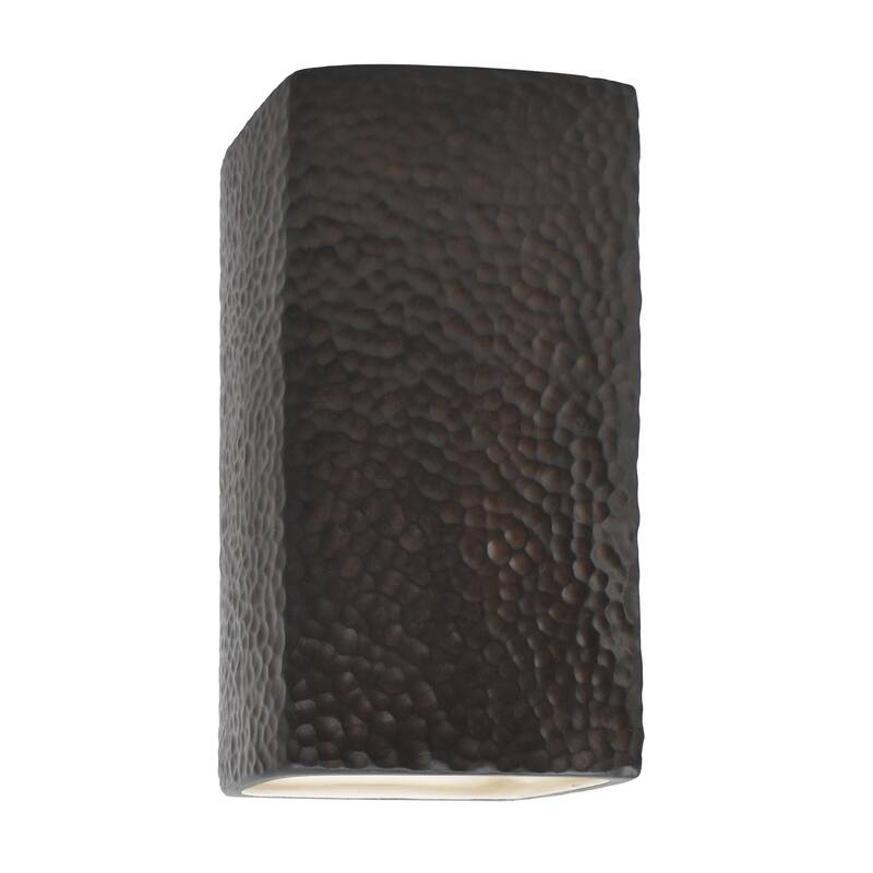 Justice Design Ambiance - Small Rectangle Wall Sconce - Closed Top (Outdoor) - Replaceable Bulb - Hammered Iron