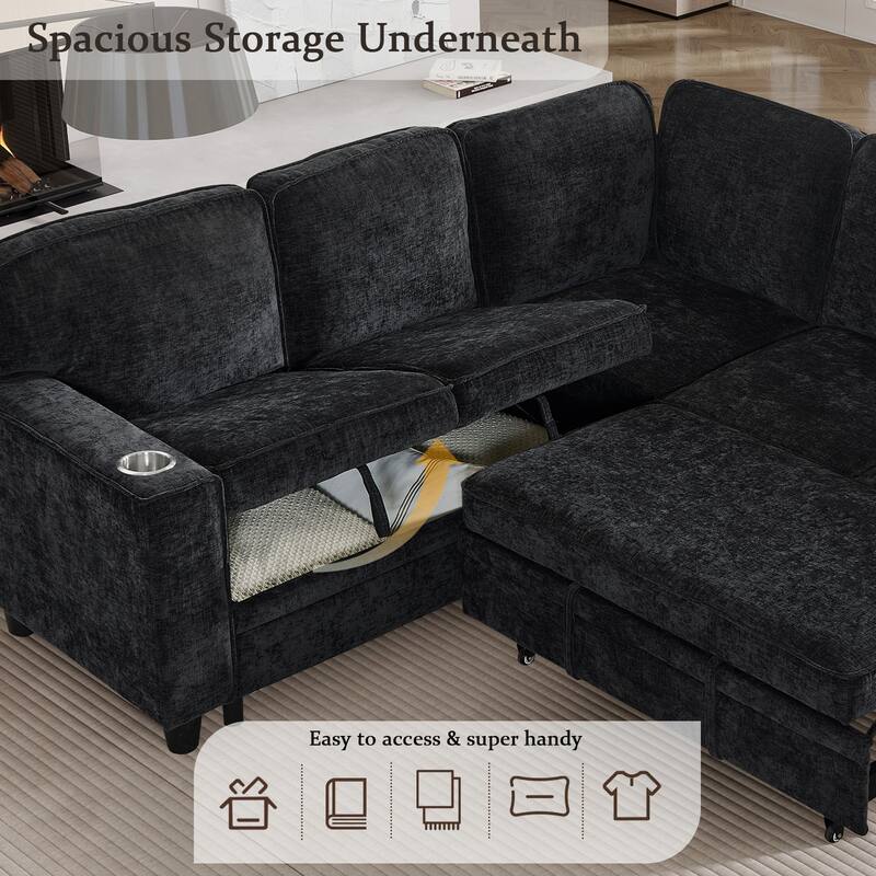 L-Shaped Sectional Sofa with Pull Out Sofa Bed, Convertible Sleeper Sofa Bed with Storage & USB Ports, Large Corner 5 Seat Sofa