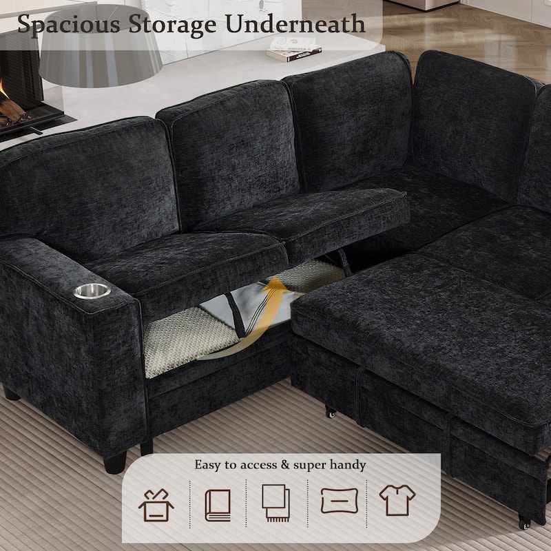 Modern Chenille L-Shaped 5-Seat Sectional Sofa Bed with Storage, USB Ports and Cup Holders for Living Room