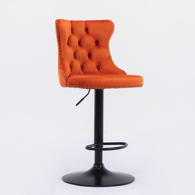 A&A Furniture Set of 2 Swivel Velvet Bar Stools with Tufted Back, Adjustable Height 25-33 Inch for Kitchen Island & Pub - Orange