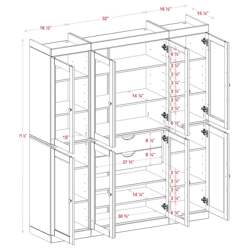 Palace Imports 100% Solid Wood Kitchen China Cabinet Pantry with Glass or Solid Wood Doors and 2-Drawer Kit - 65" x 71.5"