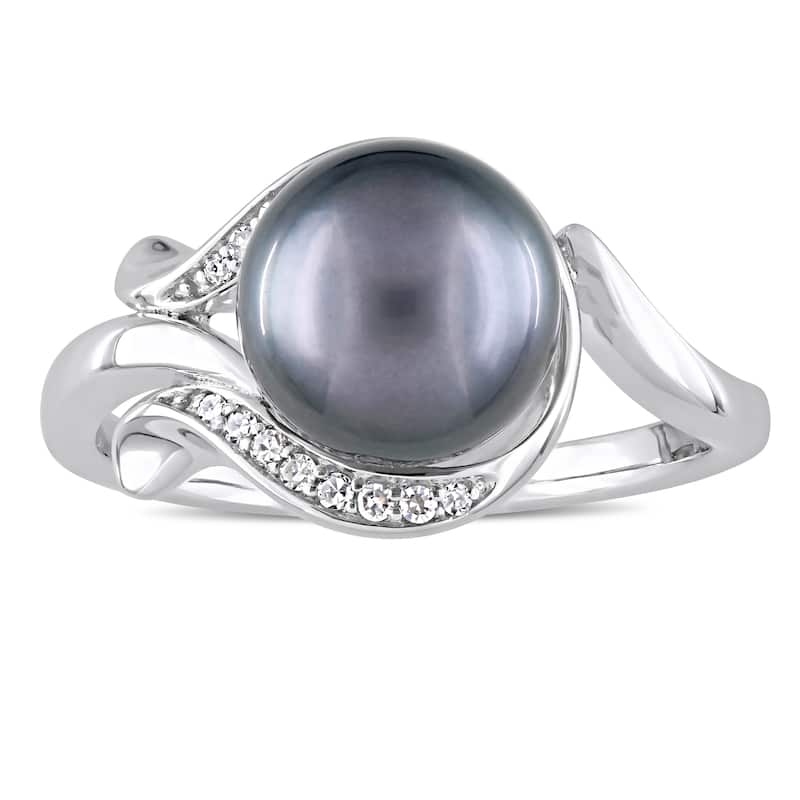 Miadora 8.5-9mm Black Tahitian Pearl and Diamond Accent Ring in 14k White Gold