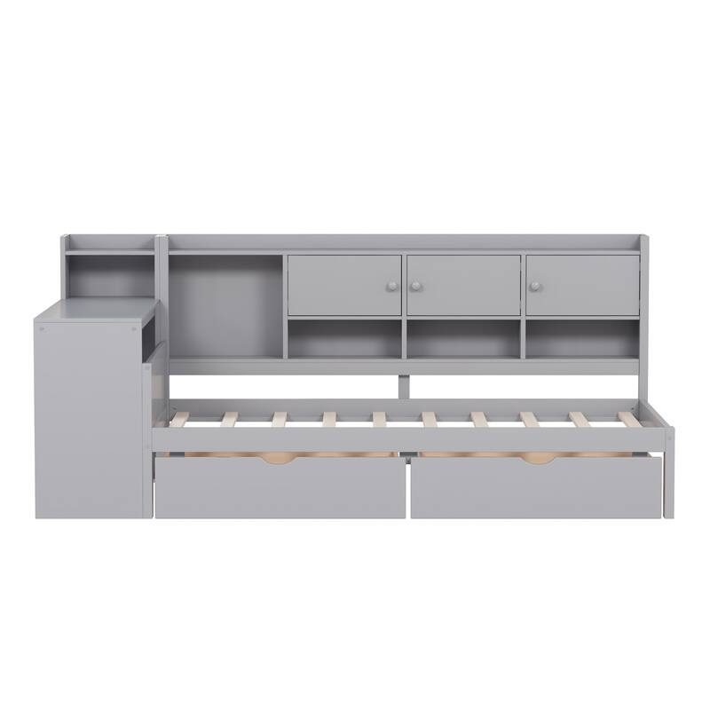 Full Size Daybed with Storage 3 Cabinets and 2 Drawers,Wooden Daybed Frame with Study Desk and Bookshelf,Multi-functional Bed