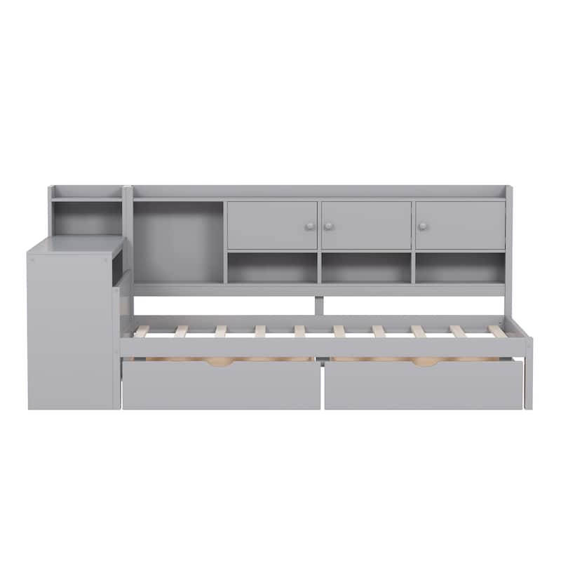 Roomfitters Wooden L-Shaped Daybed with 3 Cabinets, 2 Drawers, Desk and Bookshelf