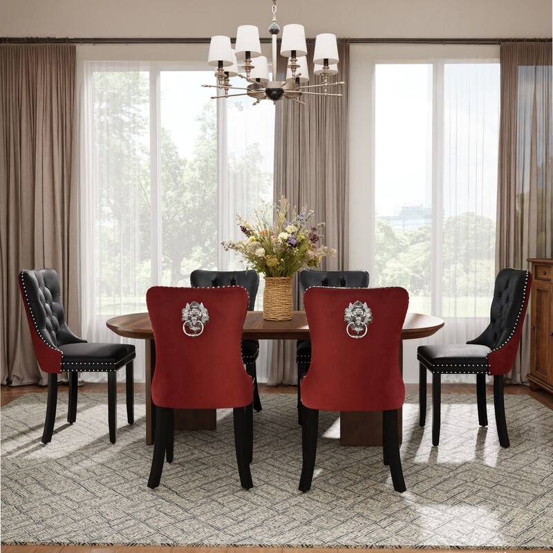 Modern Tufted Velvet Upholstered Nailhead Dining Chair Set of 6 - Black Red