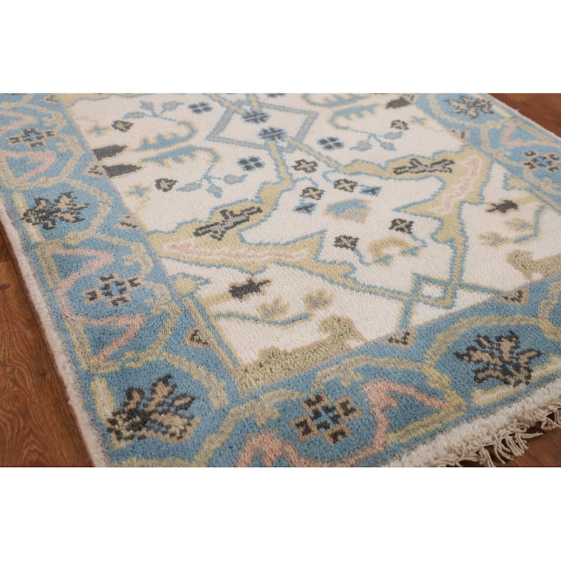 Ivory & Light Blue Oushak Oriental Runner Rug Hand-Knotted Wool Carpet - 2'7"x 7'9"