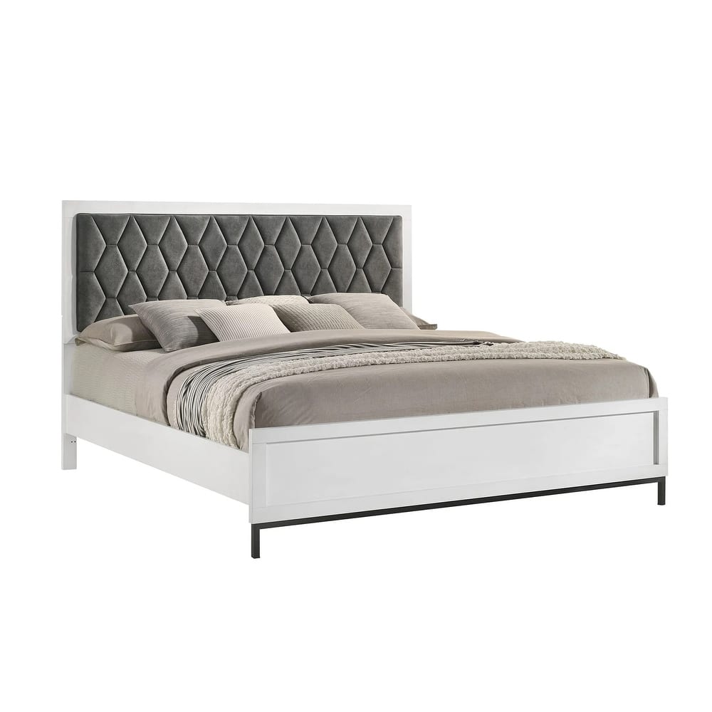 Upholstered Panel Bed with Tufting Headboard in White and Dark Grey
