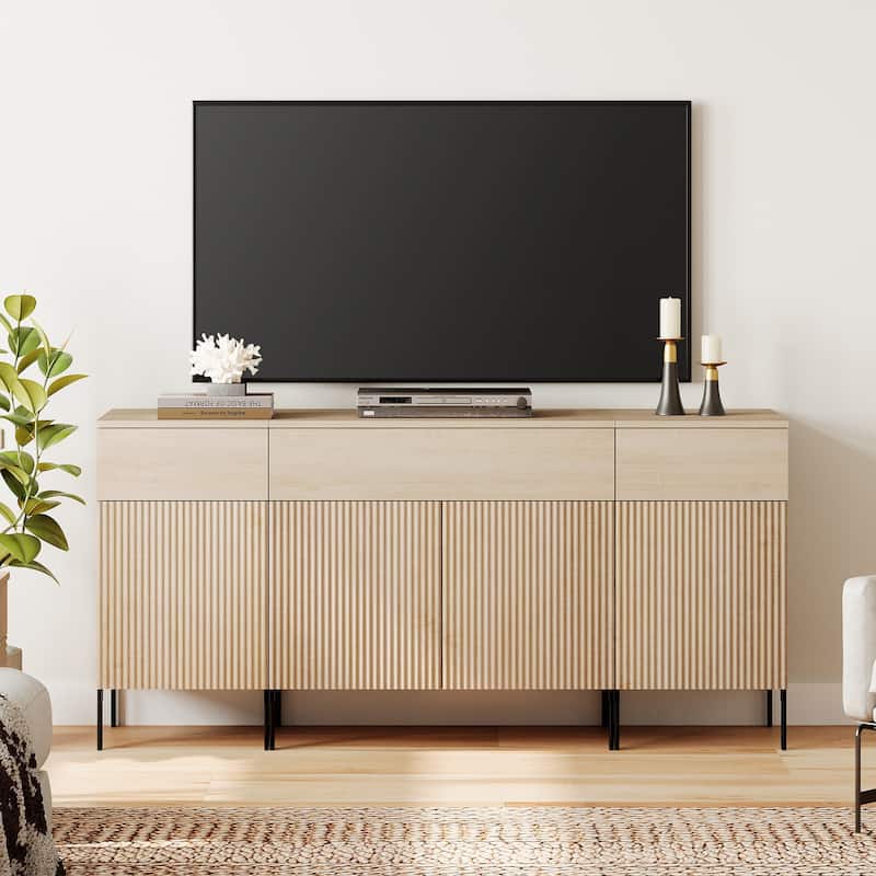 Modern Reeded Dresser TV Stand For Tvs Up To 75 Inch, Entertainment Center With Charging Station - Beige