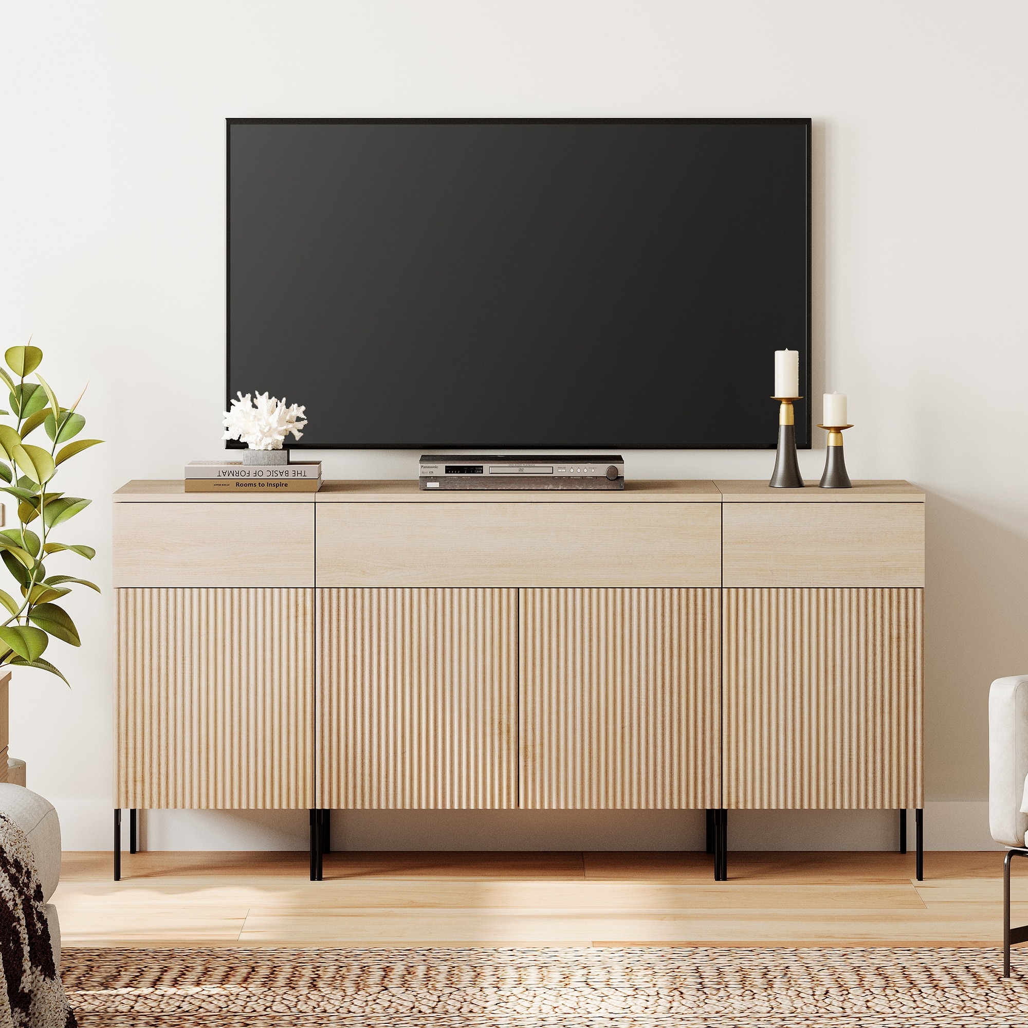 Modern Reeded Dresser TV Stand For Tvs Up To 75 Inch, Entertainment Center With Charging Station