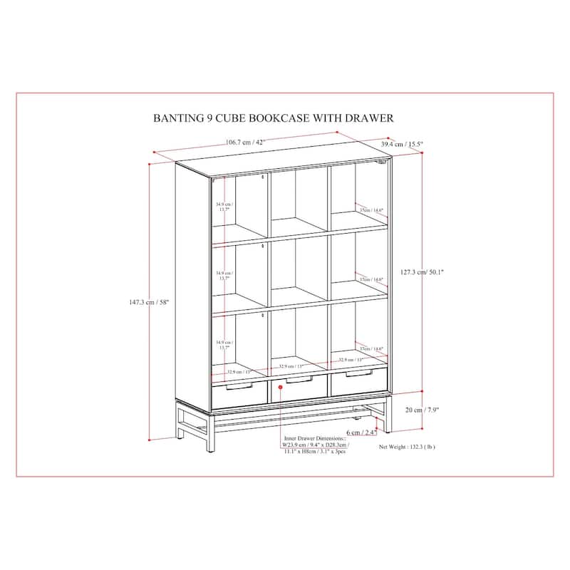 WYNDENHALL Devlin SOLID HARDWOOD 58 x 42 inch Modern 9 Cube Bookcase with Drawers in Walnut Brown - 15.5" D x 42" W x 58" H