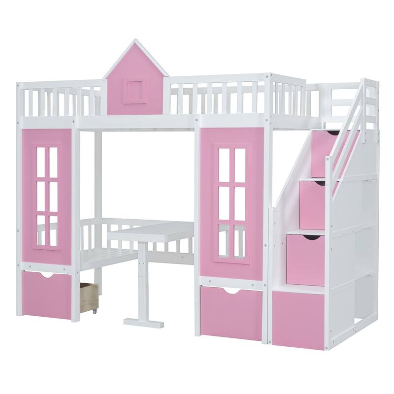 Convertible Twin-Over-Twin Bunk Bed with Desk, Pink