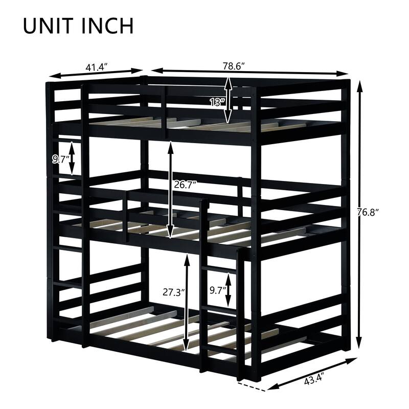 Triple Twin Bunk Bed with Built-in Ladders and Guardrails, Space-saving Design, Detachable, Black