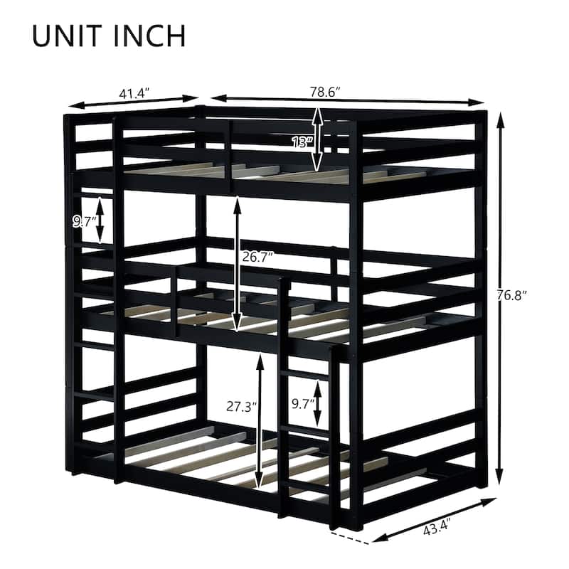 Twin Over Twin Over Twin Rubber Wood Triple Bunk Bed with Guardrails and Two Built-in Ladders, Detachable 3-Tier Bed Frame
