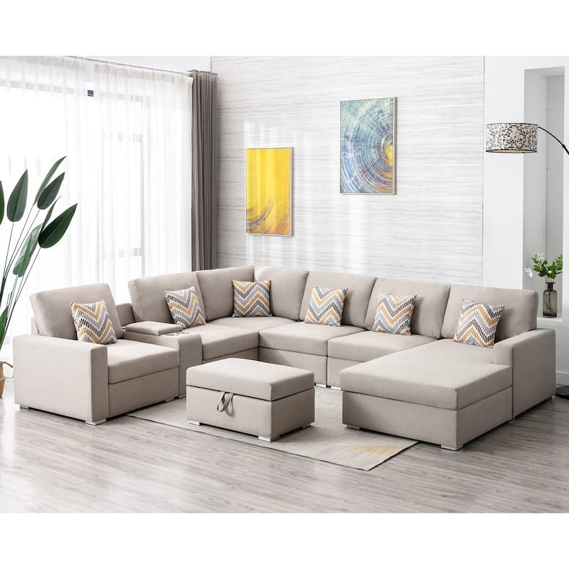 Linen Fabric 8 Piece U-Shaped Reversible Chaise Sectional Sofa with Interchangeable Legs and 6 Pillows