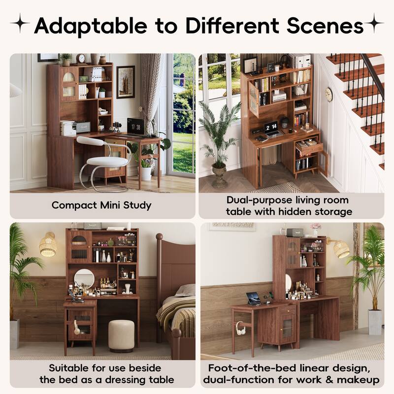 Computer Desk with 90 Rotating Side Table, Storage Drawer, Cabinets and Open Shelves for Home Office Study