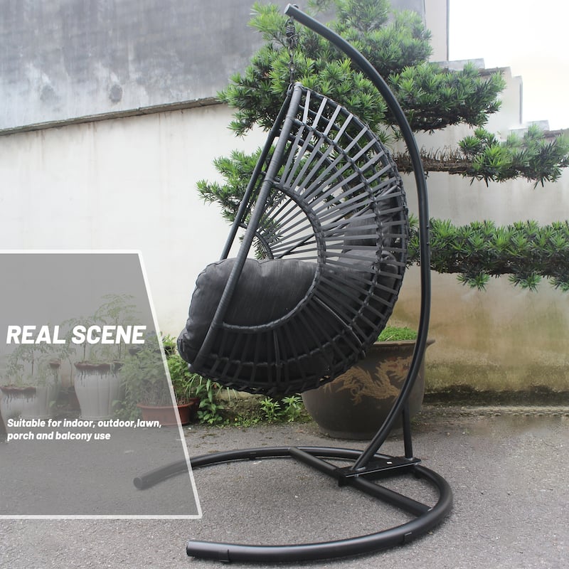 PE Wicker Swing Egg Chair with Stand - Indoor/Outdoor Hanging Chair and Anthracite Cushion and Metal Base (Handwoven Design)