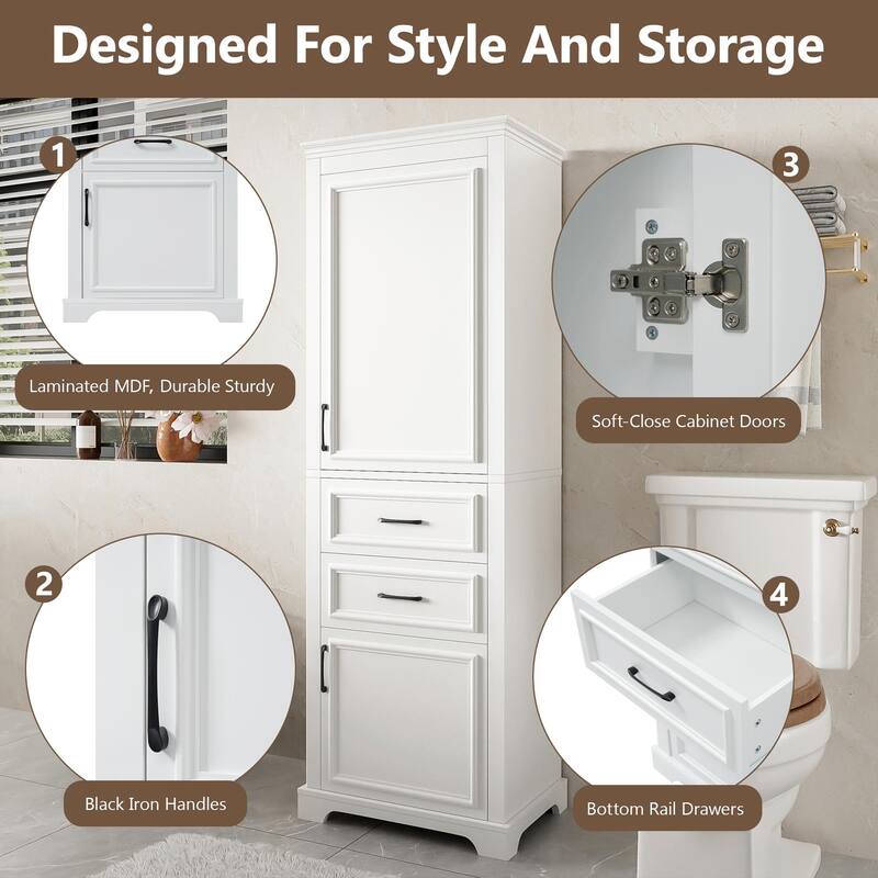 71-Inch Tall Freestanding Bathroom Vanity with Damping-Hinge Doors and Drawers, Featuring a Modern, Elegant Design