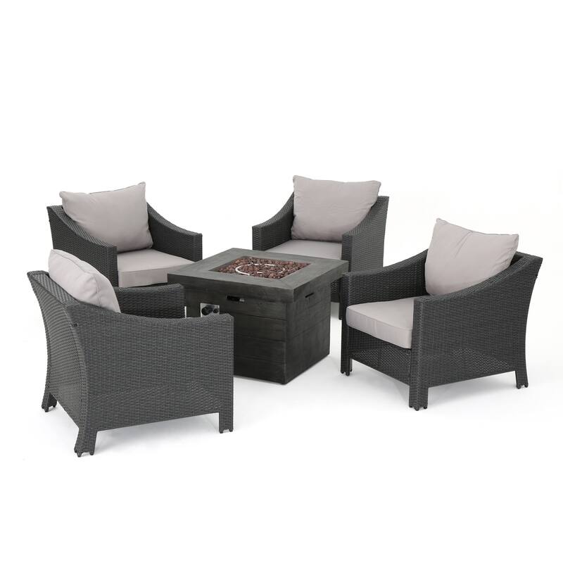 Antibes Outdoor 5-piece Wicker Club Chair Set with Square Firepit by Christopher Knight Home