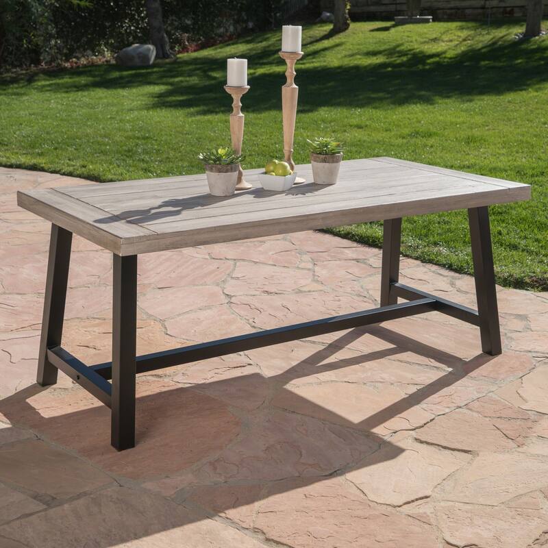 Acacia Wood Outdoor Dining Table 70 Inch Grey Black Metal Frame Patio Garden Table