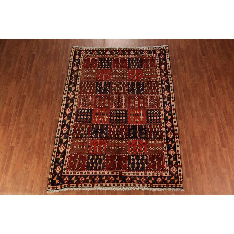 Red Geometric Bakhtiari Persian Vintage Rug Handmade Wool Carpet - 6'9" x 9'4"