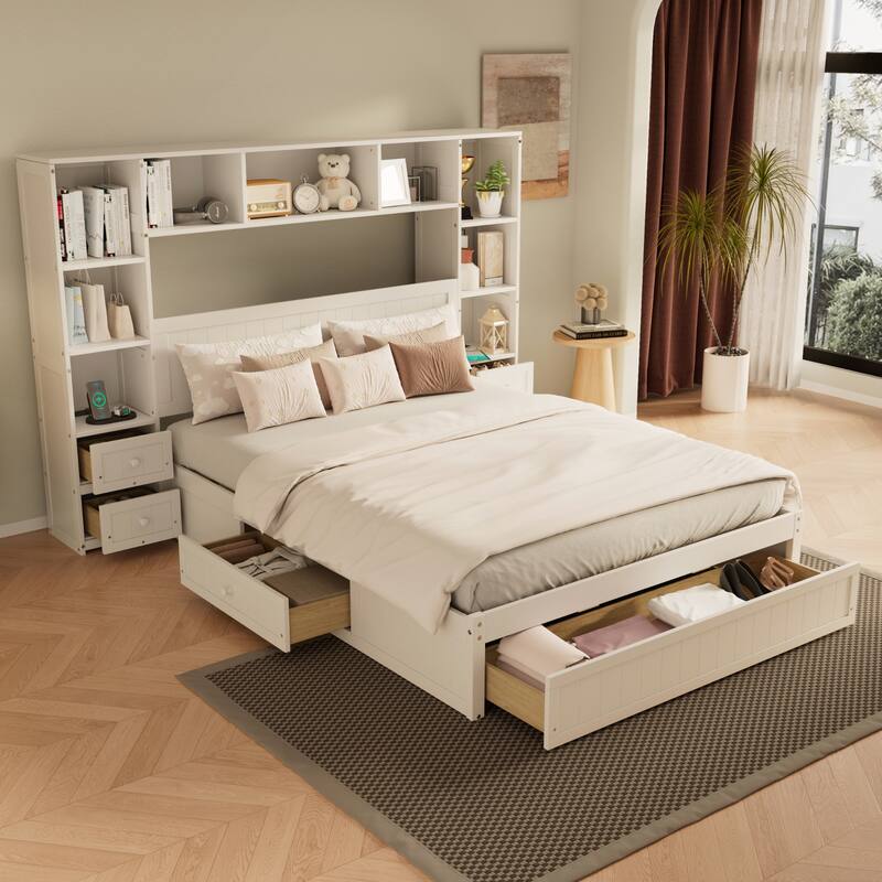 Pine Wood Platform Bed with All-In-One 2 Nightstand and 2 Charging Stations
