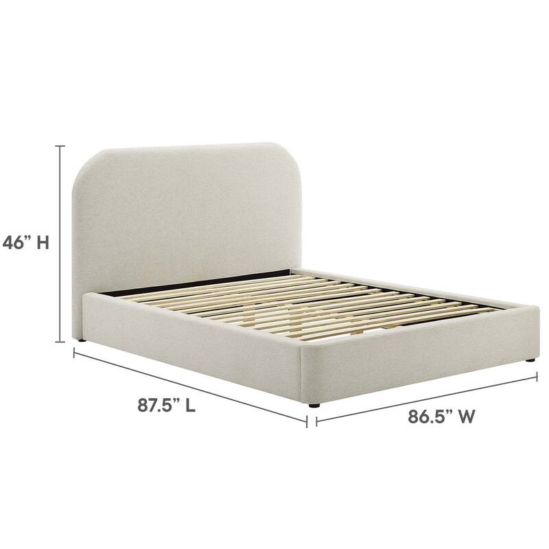 Hillsway Modern Curved Headboard Ivory Fabric Upholstered King Size Platform Bed
