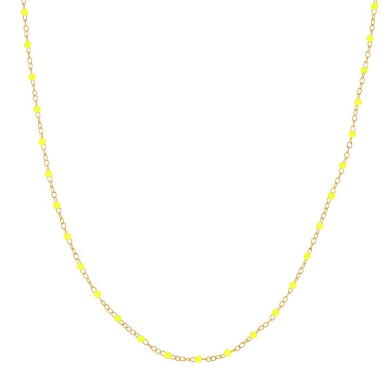 Curata 14k Yellow Gold 18" Neon Yellow Enamel Bead Piatto Chain Necklace (Spring-ring)