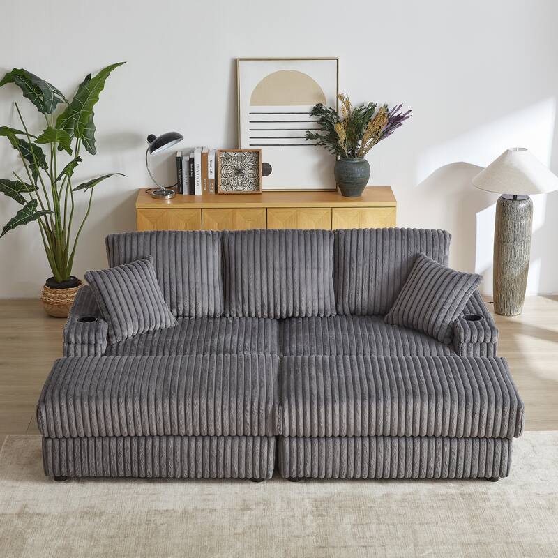 Deep Seat Sectional Loveseat Set with 2 Ottoman and 2 Pillows, Corduroy Chaise Lounge Bed with 2 Storage Spaces and Cupholding