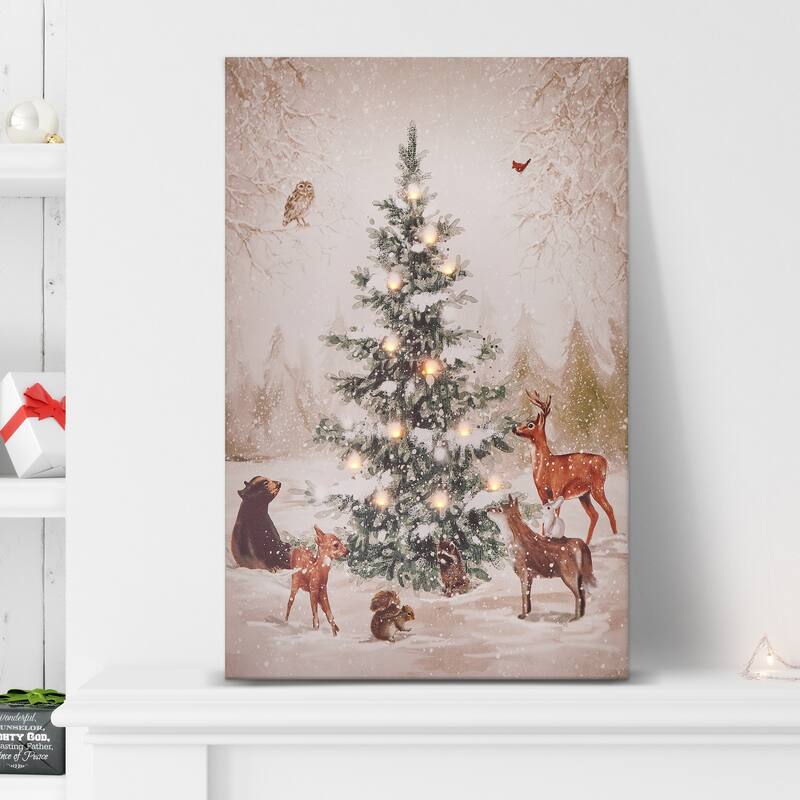 LED Lighted Animals and Christmas Tree Canvas Wall Art with Timer 16" x 24"