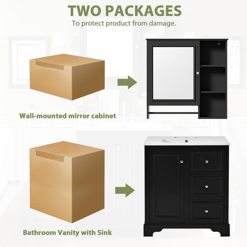 30-inch bathroom vanity with sink, bathroom storage cabinet with 3 drawers , freestanding vanity set with mirror cabinet
