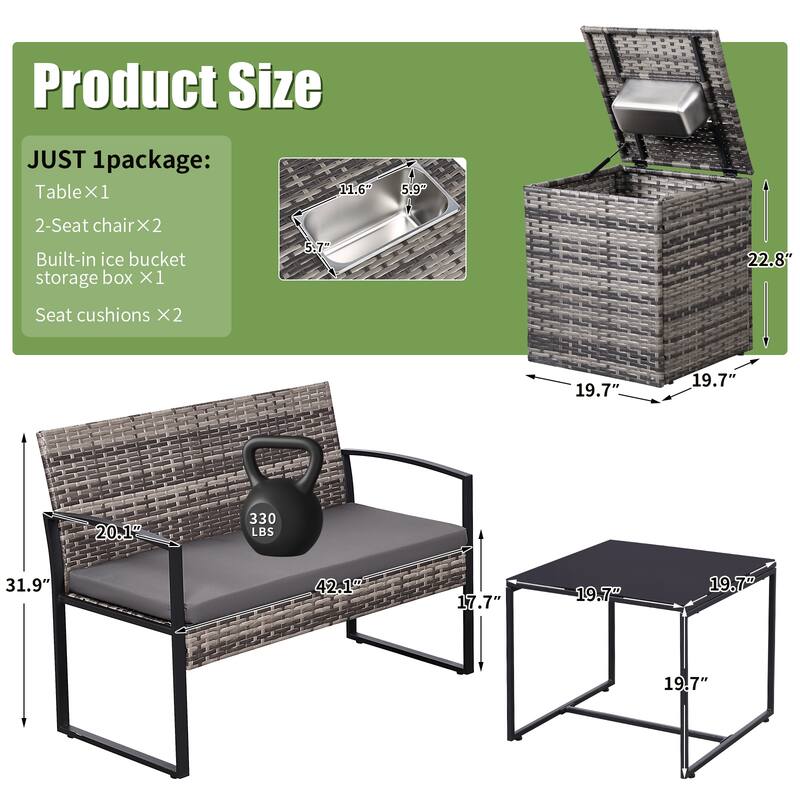 4-Piece Wicker Outdoor Sofa Set, 2 Loveseats, 1 Table, 1 Ice Bucket
