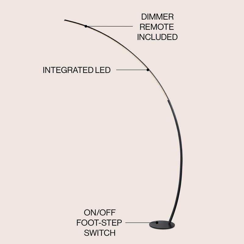 Kyle 68" Contemporary Minimalist Metal Arc Dimmable Integrated LED Floor Lamp, Black, by JONATHAN Y