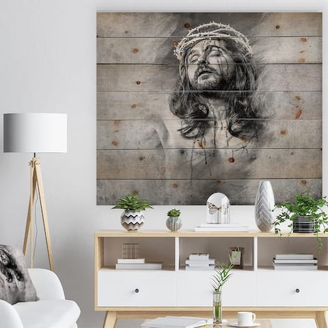 Designart 'Jesus Christ' Abstract Portrait Print on Natural Pine Wood - Grey