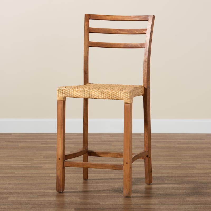 Arthur Mid-Century Wood & Natural Rattan Counter Stool