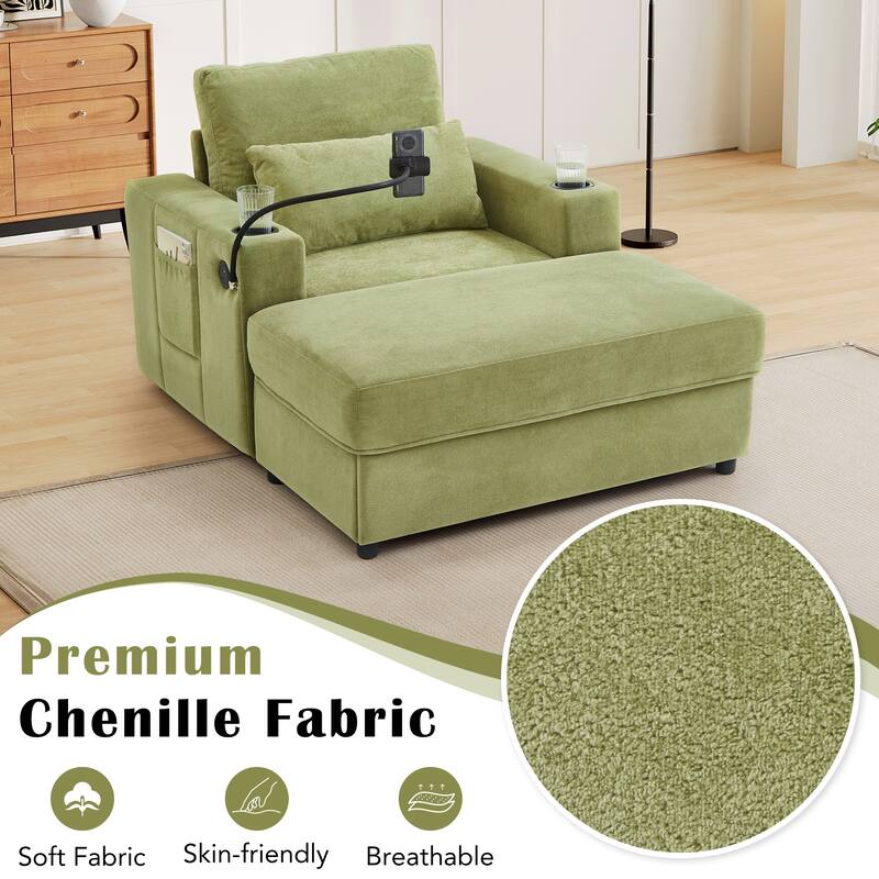 Chaise Lounge Sofa Couch with a Movable Storage Ottoman, Two USB Ports, Two Cup Holders, a Phone Holder，Side Pockets