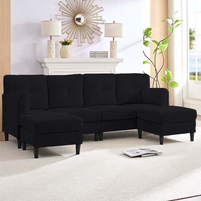 Mixoy Corduroy U-Shape Modular Convertible Sectional Sofa,Upholstered 4-Seater Sofa Couch with Movable Ottoman
